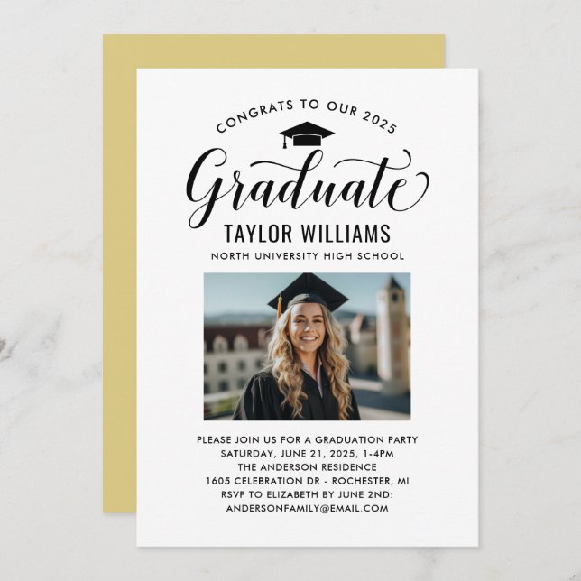 Congrats to Our Graduate Black Script Photo Invitation (Front/Back)