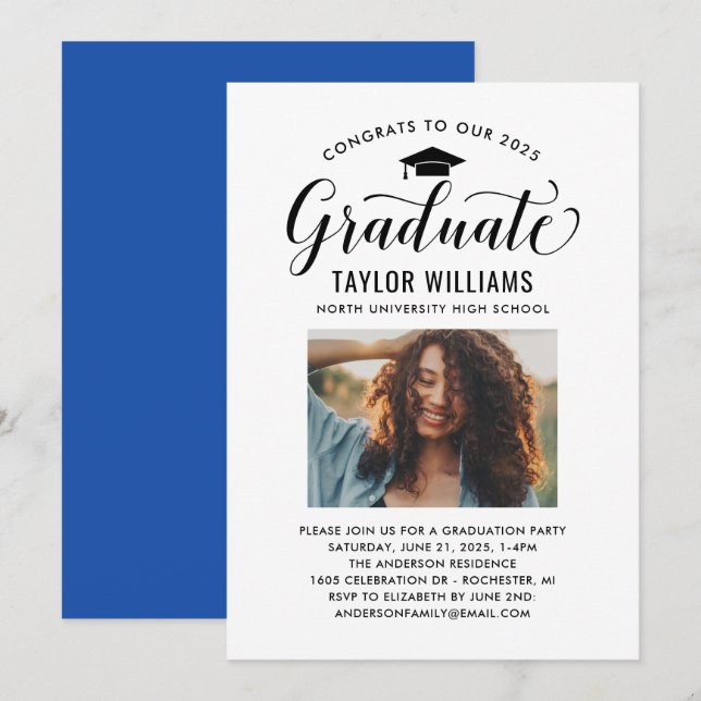 Congrats to Our Graduate Black Script Photo Invitation (Front/Back)