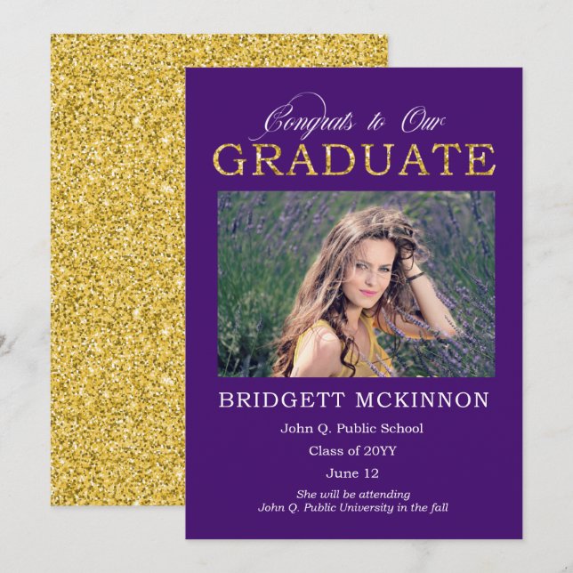 Congrats to Our Graduate Faux Gold Glitter Purple Announcement (Front/Back)