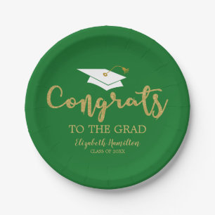Congrats To The Grad Gold Glitter Graduation Green Paper Plate