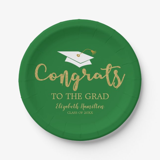 Congrats To The Grad Gold Glitter Graduation Green Paper Plate (Front)