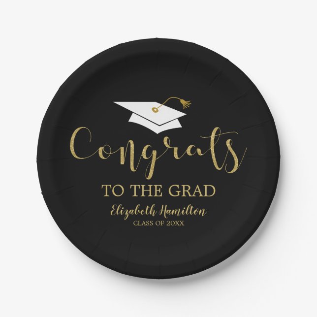 Congrats To The Grad Gold Glitter Graduation Paper Plate (Front)