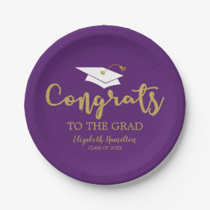 Congrats To The Grad Gold Glitter Purple Paper Plate
