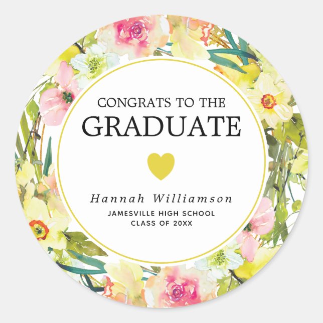 Congrats to the Grad Yellow Daffodil Heart Classic Round Sticker (Front)