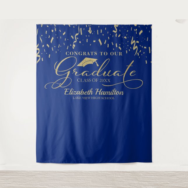 Congrats To The Graduate Gold And Blue Backdrop Tapestry (Front)