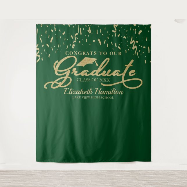 Congrats To The Graduate Gold And Green Backdrop Tapestry (Front)