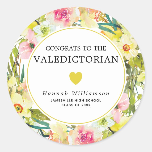 Congrats to the Valedictorian Yellow Daffodil Classic Round Sticker (Front)