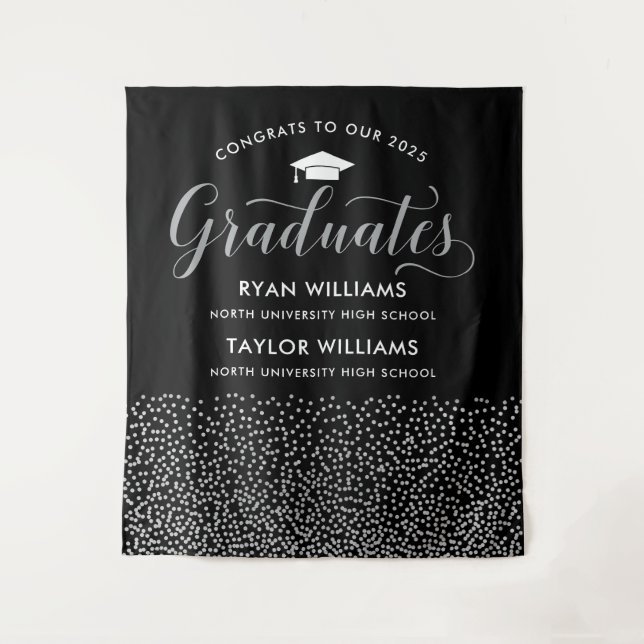 Congrats Two Graduates Black Silver Confetti Party Tapestry (Front)