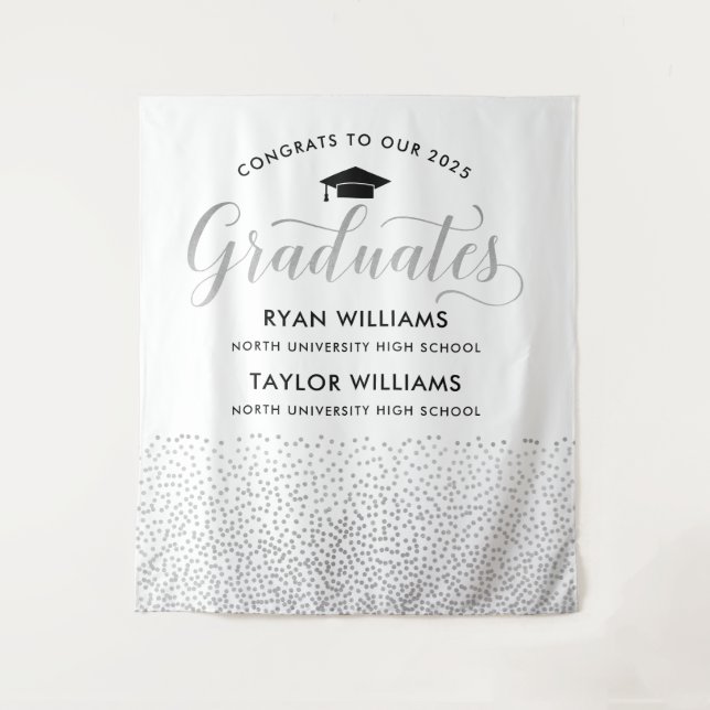 Congrats Two Graduates Silver Confetti Party Tapestry (Front)