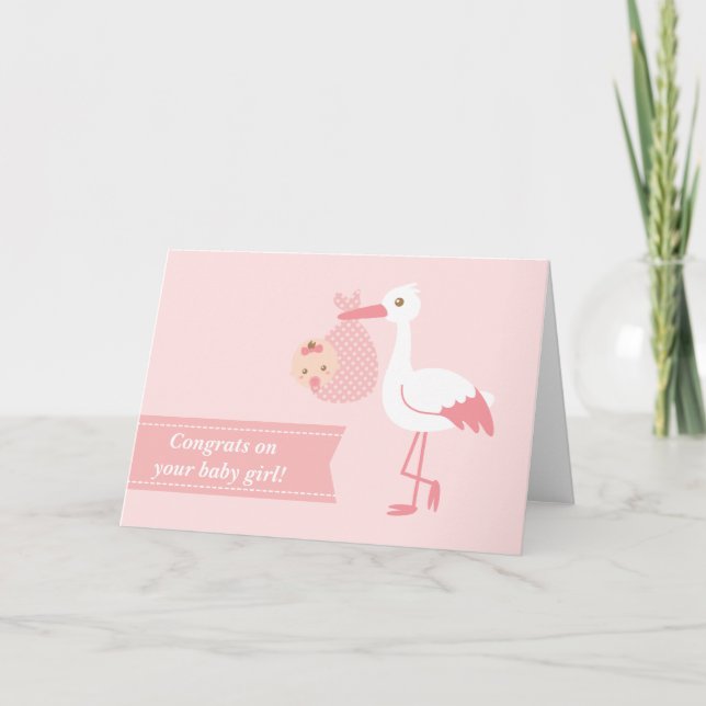 Congratulate new parents - stork with baby girl card (Front)