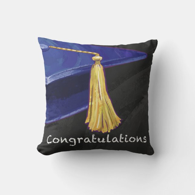 Congratulation Blue and Black Throw Pillow (Front)
