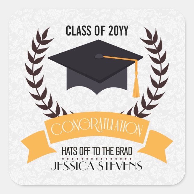Congratulation Graduation Black Hat And Wreath Square Sticker (Front)