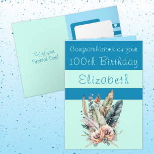 Congratulations 100th birthday floral blue green card