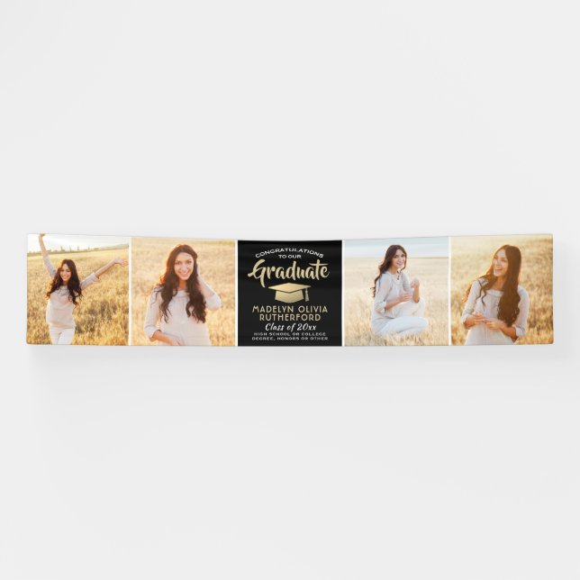 Congratulations 4 Photo Black and Gold Graduation Banner (Horizontal)