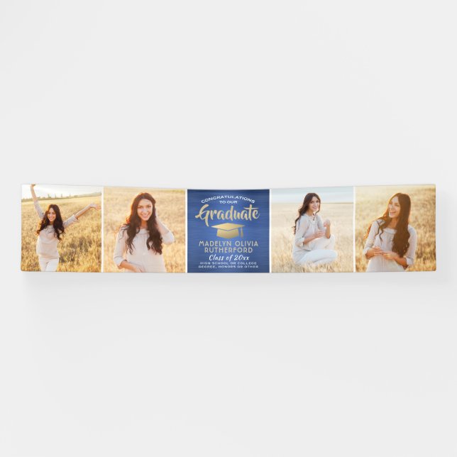 Congratulations 4 Photo Blue Gold WhiteGraduation Banner (Horizontal)