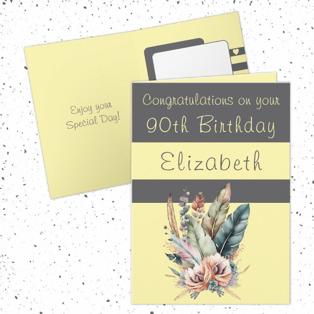 Congratulations 90th birthday floral grey yellow card (Creator Uploaded)