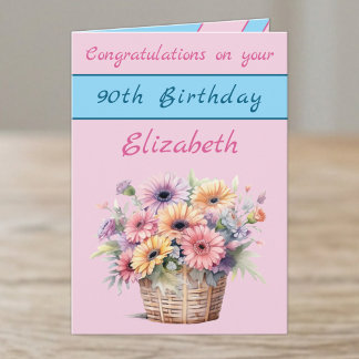Congratulations 90th birthday floral pink blue card