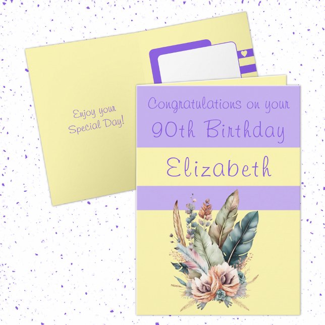 Congratulations 90th birthday floral purple yellow card (Creator Uploaded)
