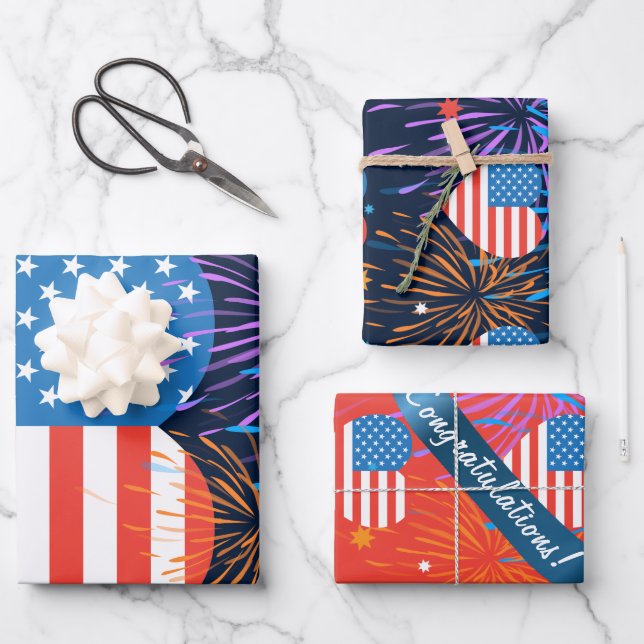 Congratulations! American USA Flag 4th of July Wrapping Paper Sheet (Front)