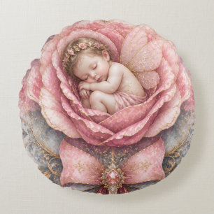 Congratulations Baby Fairy girl Pink Rose Birth Round Pillow