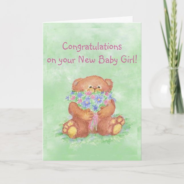 Congratulations Baby Girl  FunTeddy Bear Flowers Card (Front)