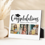 Congratulations Black 3 Photo Grad Plaque<br><div class="desc">A classic graduation plaque featuring a sweeping Congratulations headline in script with a black graduation cap accent, the graduate's name, class year, and three senior photos on a clean white background. A timeless, versatile tabletop keepsake that pairs with any decor style. Perfect as a graduation party display or a meaningful...</div>