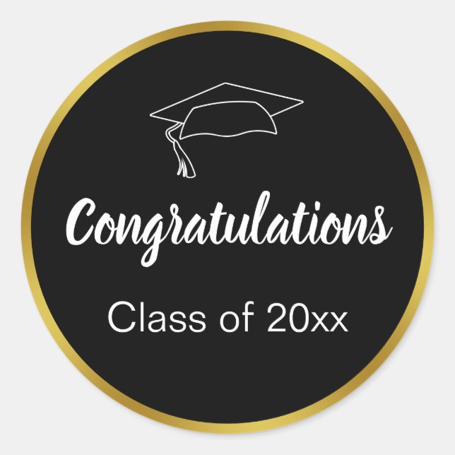 Congratulations Black White Gold Class Graduation Classic Round Sticker (Front)