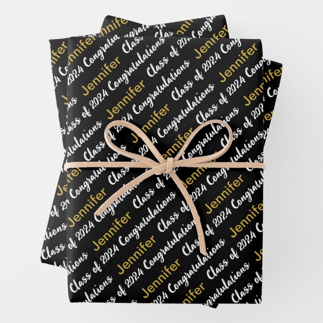 Congratulations Black White Gold Name Class 2024 Wrapping Paper Sheet (In situ)