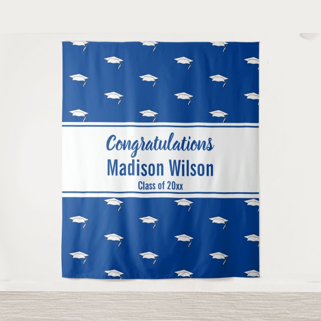 Congratulations Blue and White Name Graduation Tapestry (Front)