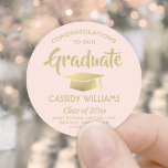 Congratulations Blush Pink and Gold Graduation Classic Round Sticker<br><div class="desc">Add an elegant personalized touch to college or high school graduation invitations, announcements and party favours with stylish custom blush pink and gold round stickers. All wording on this template is simple to customize for envelope seals or thank you tags. The modern design features a gold faux foil mortar board...</div>