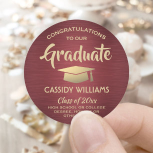 Congratulations Burgundy Red and Gold Graduation Classic Round Sticker