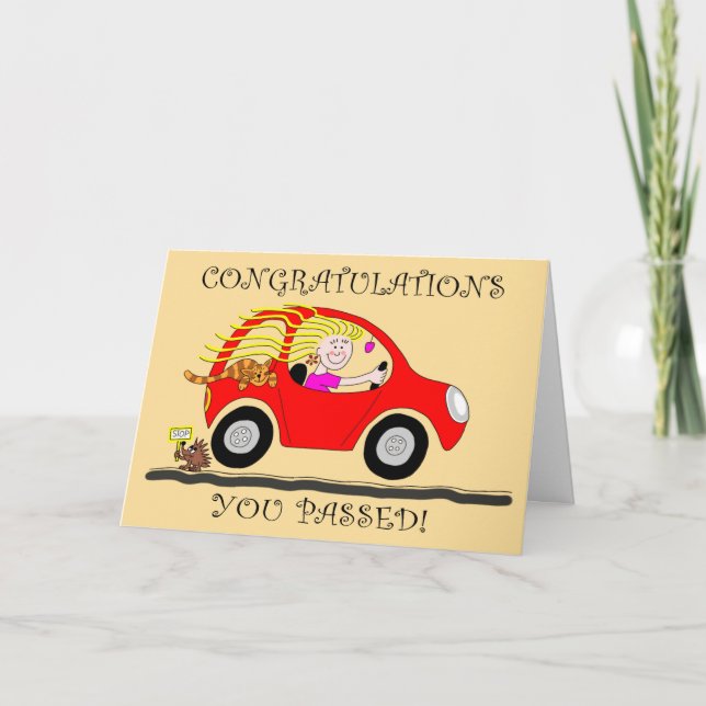 Congratulations Cartoon Female Passed Driving Test Card (Front)