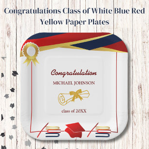 Congratulations Class of White Blue Red Yellow  Paper Plate