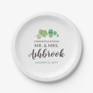 Congratulations Eucalyptus Leaf Botanical Wedding Paper Plate