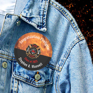 Congratulations Firefighter Flames Class   Name 2 Inch Round Button