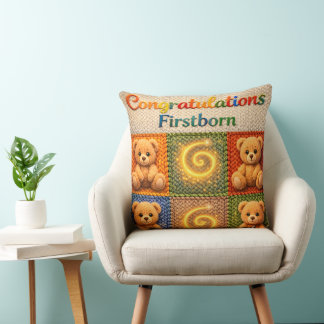 Congratulations, first born cozy knitted style ted throw pillow