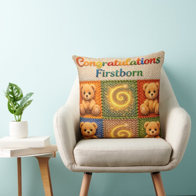 Congratulations, first born cozy knitted style ted throw pillow (Chair)