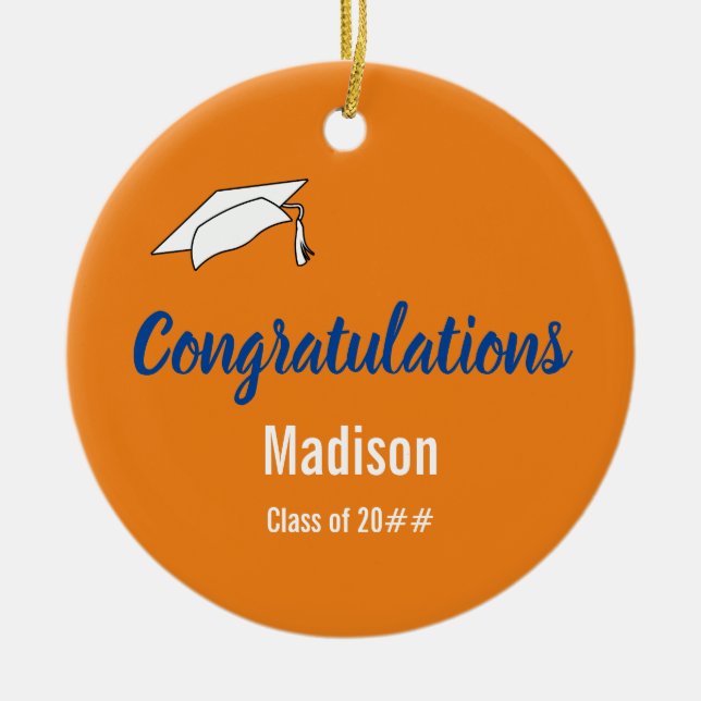 Congratulations for Graduate on Orange and Blue Ceramic Ornament (Front)