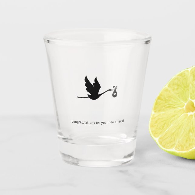 Congratulations gift, new arrival, stork, cute shot glass (Front)