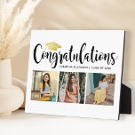 Congratulations Gold 3 Photo 2025 Graduation Plaque<br><div class="desc">Stylish 3 photo graduation plaque display sign with easel features "Congratulations" in trendy black calligraphy script with gold coloured grad cap and modern custom text for the graduate's name and class year. Add three favourite photos of the graduate to the square placeholder images. Clean white background colour.</div>