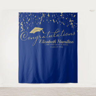Congratulations Gold And Blue Graduation Backdrop Tapestry