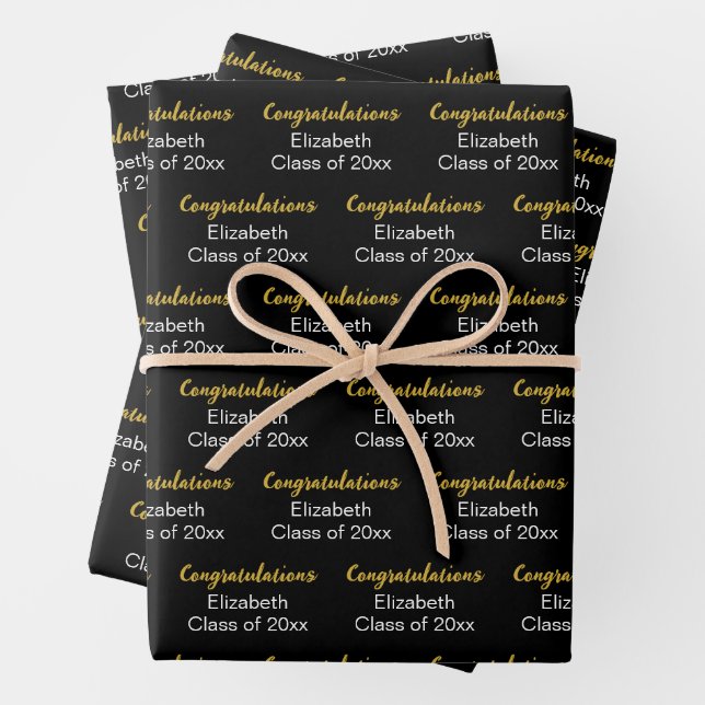 Congratulations Gold Black Class of 20xx Name Wrapping Paper Sheet (In situ)