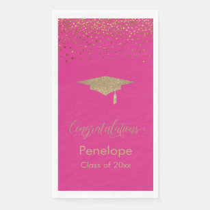 Congratulations Gold Confetti Grad Cap Bold Pink Napkin