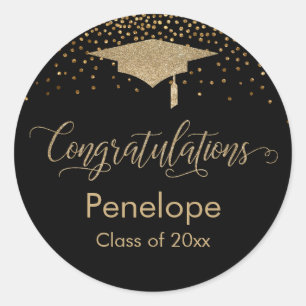 Congratulations Gold Confetti Graduation Black Classic Round Sticker