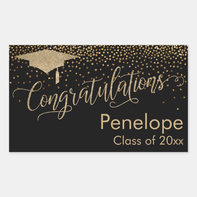 Congratulations Gold Confetti Graduation Black Sticker (Front)