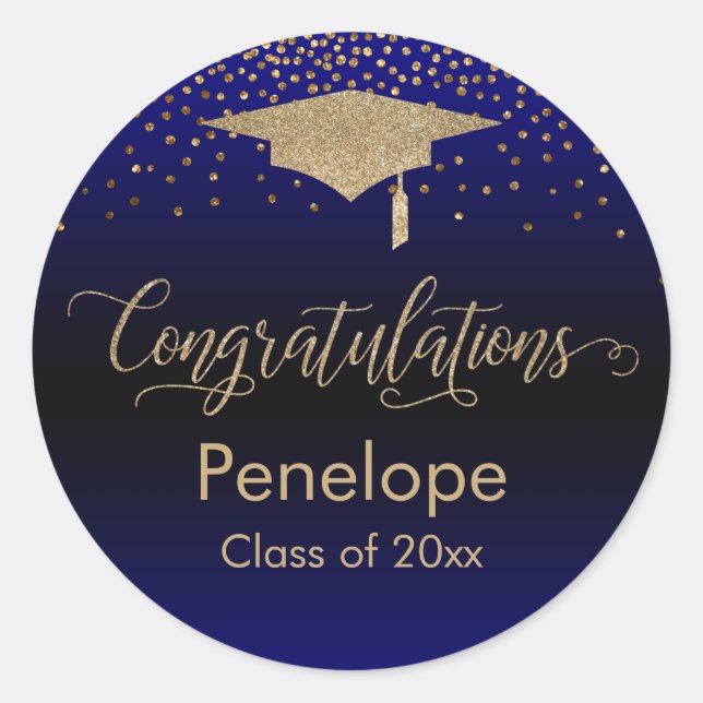 Congratulations Gold Confetti Graduation Blue Classic Round Sticker (Front)