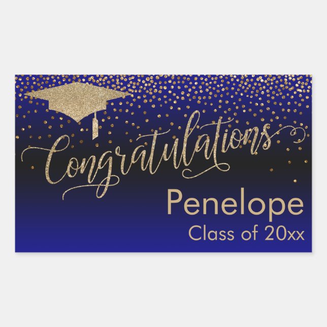 Congratulations Gold Confetti Graduation Blue Sticker (Front)