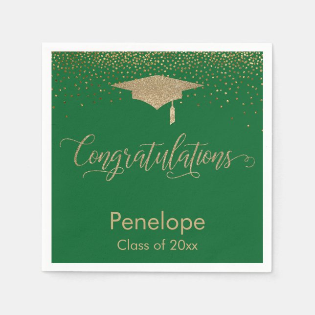 Congratulations Gold Confetti Graduation Cap Green Napkin (Front)