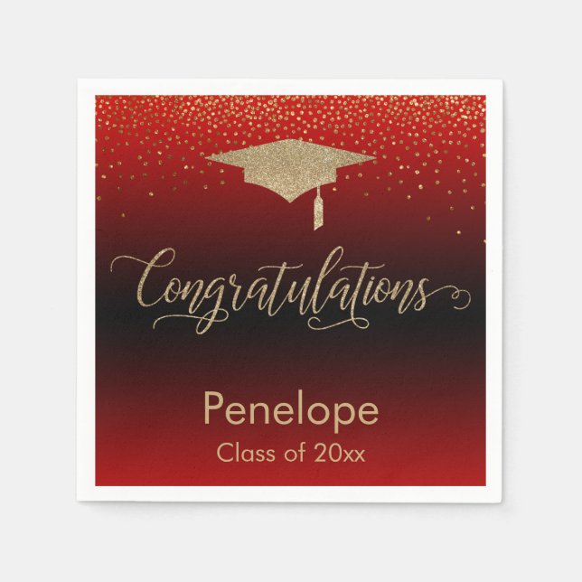 Congratulations Gold Confetti Graduation Cap Red Napkin (Front)