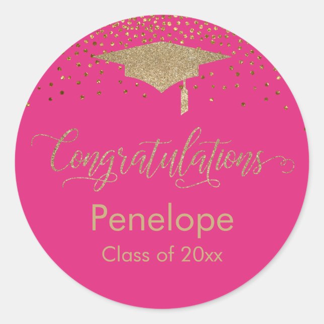 Congratulations Gold Confetti Graduation Hot Pink Classic Round Sticker (Front)